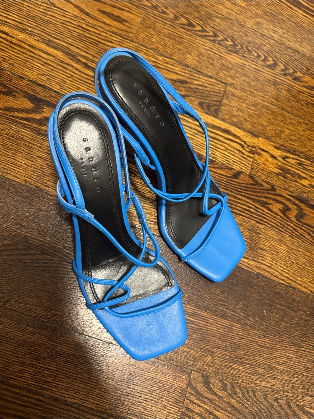 Sandro Bright Blue Square-Toe Strappy Slingback Heels